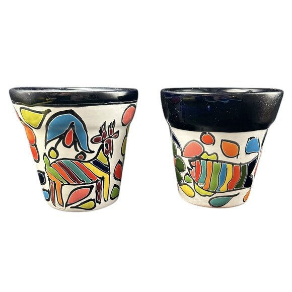 Pottery Planter Red Ware Mexico Set 2 Fish Rooster Floral Talavera Colorful 4" - Picture 1 of 8